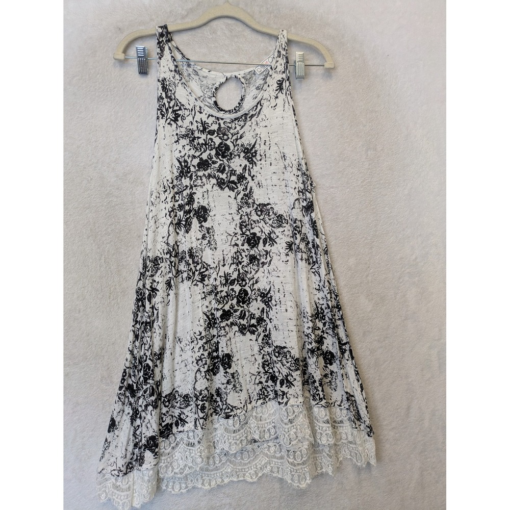 All at Once Mini Dress Women's Medium White Black Floral Lace Trim Keyhole Back